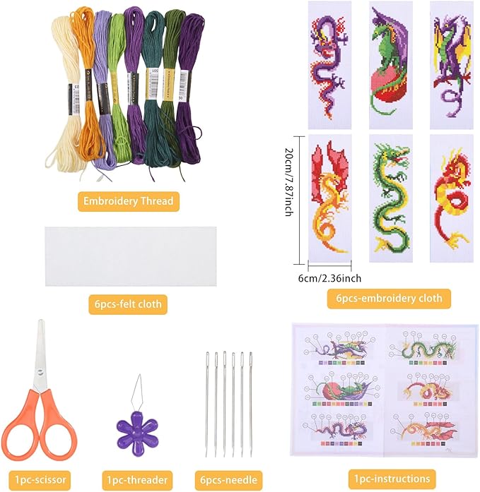 ORIGACH 6 Pcs Cross Stitch Bookmark Kit for Beginner Dragon Pattern Stamped Embroidery Stitch Kits for Starter DIY Bookmarks Printed Cross Stitch Kits with 13 Colors Embroidery Floss