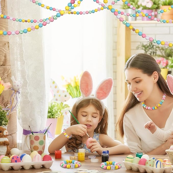 Chitidr 180 Pcs Easter Wooden Beads with Clear Box Bunny Egg Colorful Wood Beads Rabbits Chick Farmhouse Beads for Easter DIY Garland Crafts Party Decoration