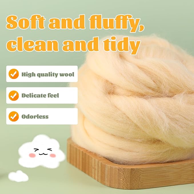 3.53oz Wool Roving, Wool Felting Supplies, Pure Wool, Chunky Yarn, Spinning Wool Roving for Needle Felting Wet Felt DIY Hand Spinning (Light Apricot)