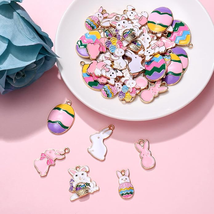 HEIDKRUEGER 36 Pieces Easter Charms Enamel Plated Bunny Colorful Egg Carrot Pendant Charms for Jewelry Making DIY Necklace Bracelet Earring
