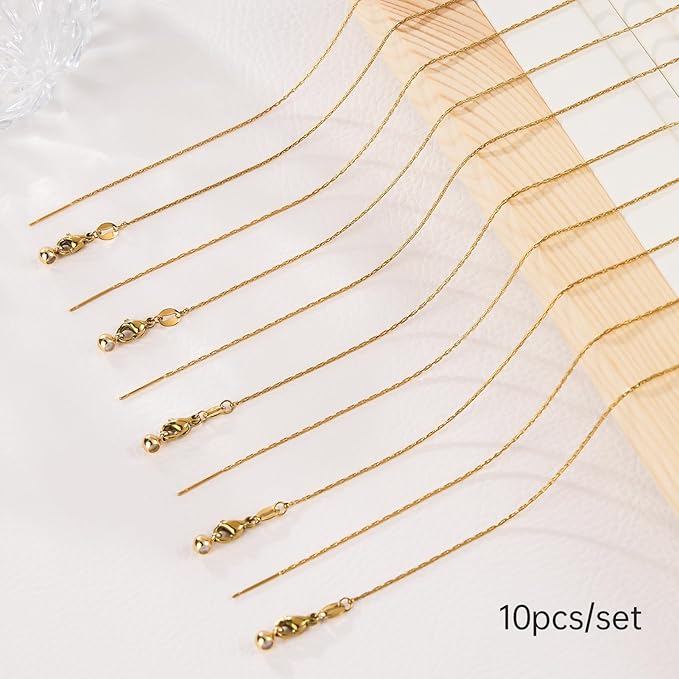 GTVOODX 10pcs Gold Plated Adjustable Thin Necklace Chains Bulk for Jewelry Making Stainless Steel 0.75mm Rectangle Cable Chains with Adjust Clasp for Women
