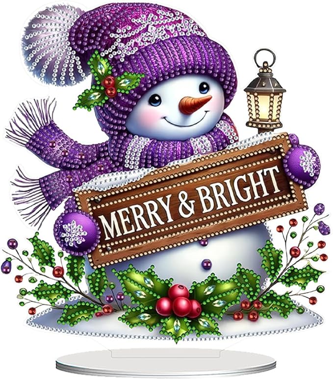 LAKEQUILL Christmas Diamond Painting Kits, Tabletop Ornament, Stand Up Diamond Art Desktop Kits for Home Office Decor, New Year Gift - Snowman (Purple)
