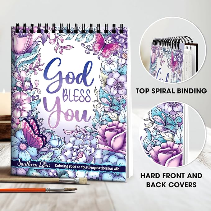 SOUTHERN LOTUS Flowers Patterns Hardcover Pages Poster God Bless You Spiral Coloring Book for Adults with Inspirational Bible Phrases Motivational Quotes Mindfulness Relaxing