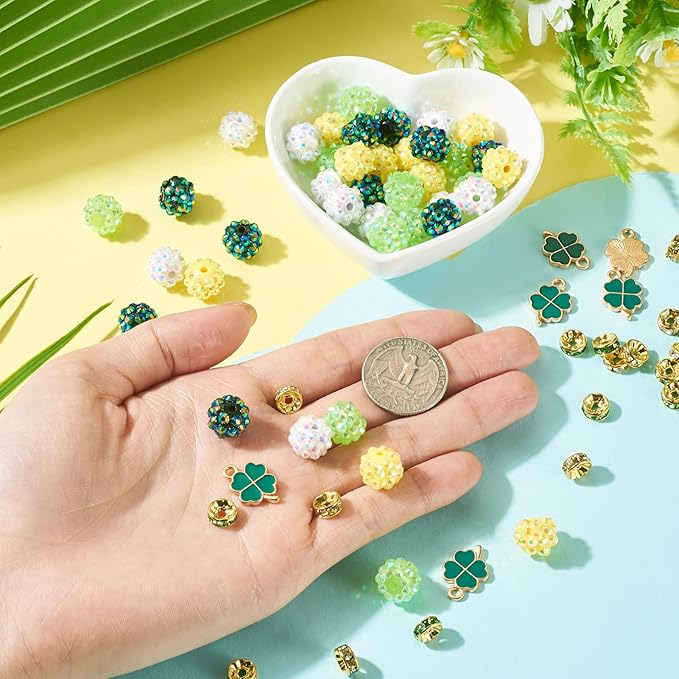 Cheriswelry St.Patrick's Day Jewelry Making Kit Green Clover Four Leaf Pendants Clay Disco Ball Beads Flat Round Rhinestone Spacer Bead for DIY Bracelet Necklace Earring Crafts 137Pcs/Set