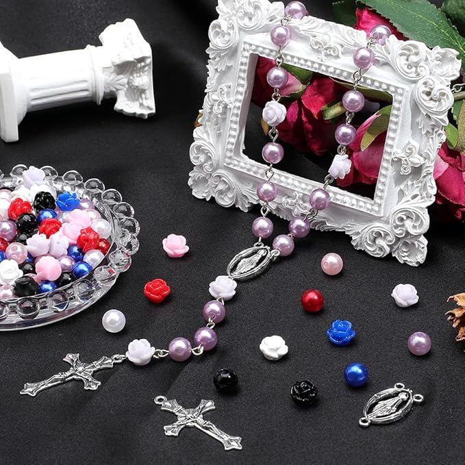 SUNNYCLUE 696Pcs Rosary Making Kits Vintage Crucifix Pendants Easter Cross Link Charms Rosary Crosses Red Pink Rose Bead Imitation Pearl Beads for Jewelry Making Supplies DIY Necklace Bracelets