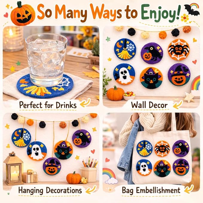 Halloween Punch Needl Kit for Adults Beginners, Easy Embroidery Punch Coaster Starter Set with Instruction – Fun Needle Point Craft for Table Decor & Festival DIY Gifts (6pcs Spooky)