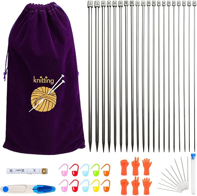KOKNIT 11 Pairs Knitting Needle Set, 10'' Length Stainless Steel Single Pointed Sweater Staight Needle Kit in Different Sizes, Great for Weaving or Knitting