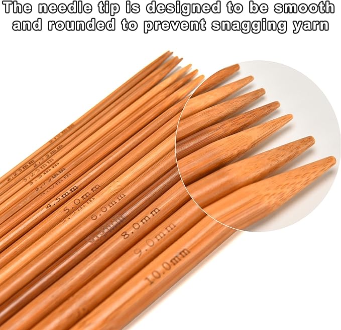 Double Pointed Knitting Needles Set,75 Pcs Wooden Bamboo Knitting Needles Kit,15 Sizes from 2.0mm-10.0mm,with Small Tools,Straight Wood Needles for Beginners,Making Sweater,Scarf,Sock,Weave