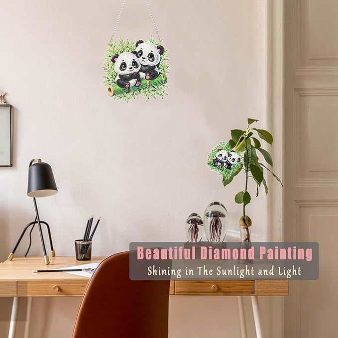 Masendp Panda Diamond Painting Double-Sided Hanging Ornament Set, DIY Irregular Shaped Rhinestone Window Decoration Set, Suitable for Home and Garden Wall Decoration Gifts