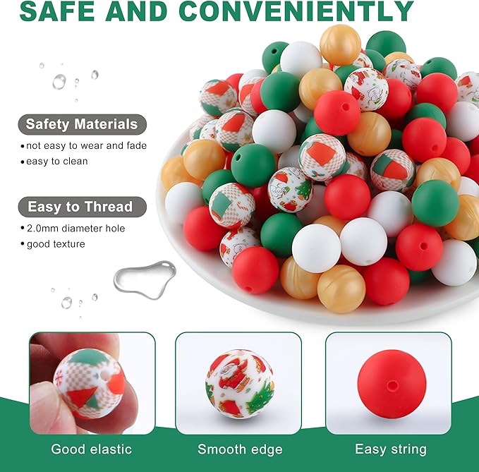 150Pcs Mixed Color 15mm Silicone Beads for Keychain Making, Christmas Green Red Print Silicone Beads for Pens and Bracelet Jewelry Making