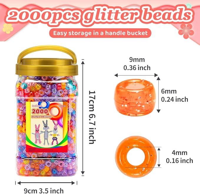 iooleem pony beads(2000pcs glitter pony beads), beads for bracelets making, beads for crafts, beading supplies, friendship bracelets making.