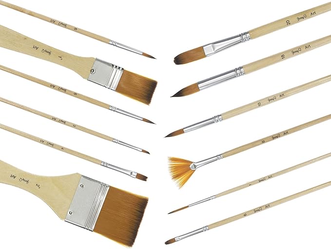 24 Pcs Artist Paint Brush Set with Free Carry Pouch for Watercolor, Acrylic, Oil and All Media, Suitable for Canvas, Paper, Ceramic, Golden Nylon Hair, Wood Handles JQ-B24