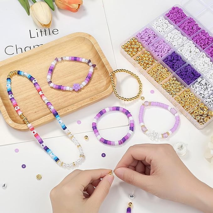 MAIBAOTA Purple Clay Beads Kit for Bracelets Making Purple Beads for Jewelry Making Friendship Bracelet Heishi Beads Kit for DIY Crafts (with Letter Gold Beads