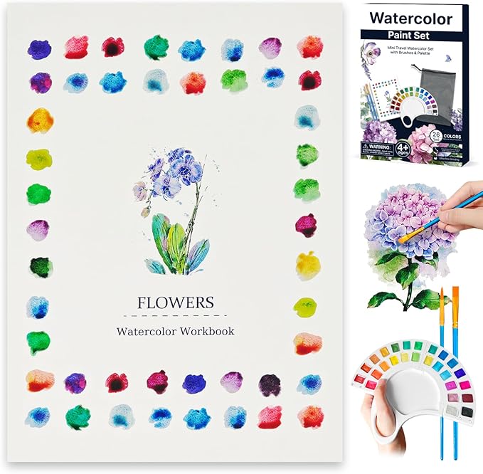 Watercolor Workbook, Water Coloring Book with 13 Pages 300GSM Paper, 26 Colors Watercolor Paint Set with Brush & Storage Bag, Beginner-Friendly Coloring Book for Adults - Flowers Theme Art Kit