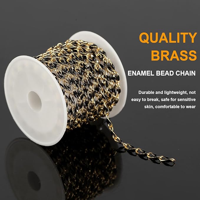 13 Feet/4M Gold Plated Brass Jewelry Making Chain Spool Black Oil Drip Enamel Chain Necklace Large Lip Chain with Lobster Clasps Jump Rings for DIY Craft Supply Jewelry Findings