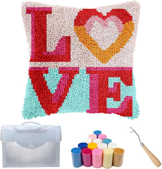 Cozykeke Love Latch Hook Kit,DIY Pillow Cover Cushion Craft Kits with Pre-Printed Canvas for Adults and Beginners, Suitable for Home Decor and Festival Gift 17 * 17in (BX913)