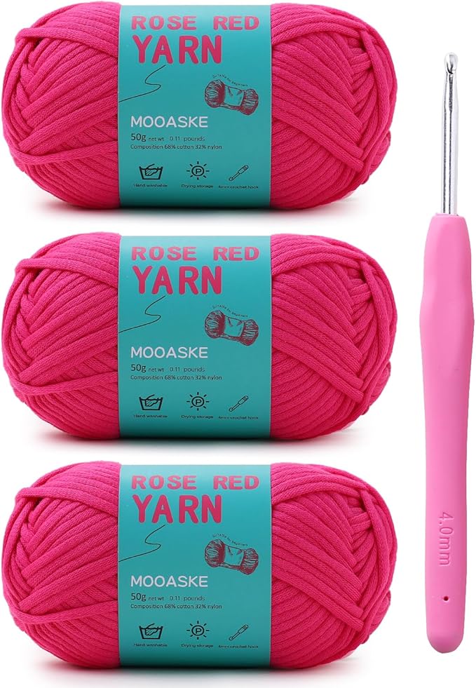 3 Pack (3 x 50g) Crochet Yarn with Crochet Hook - Worsted Medium Yarn for Crocheting - Easy-to-See Stitches Cotton-Nylon Blend Beginner Knitting Yarns for Adults and Kids
