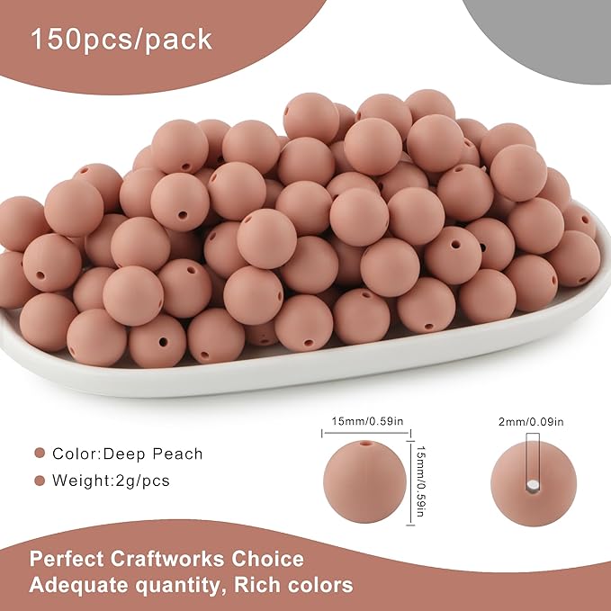 150Pcs 15mm Silicone Beads for Keychain Making Bracelet Necklace, Bulk Round Silicone Beads for Pens(Deep Peach)
