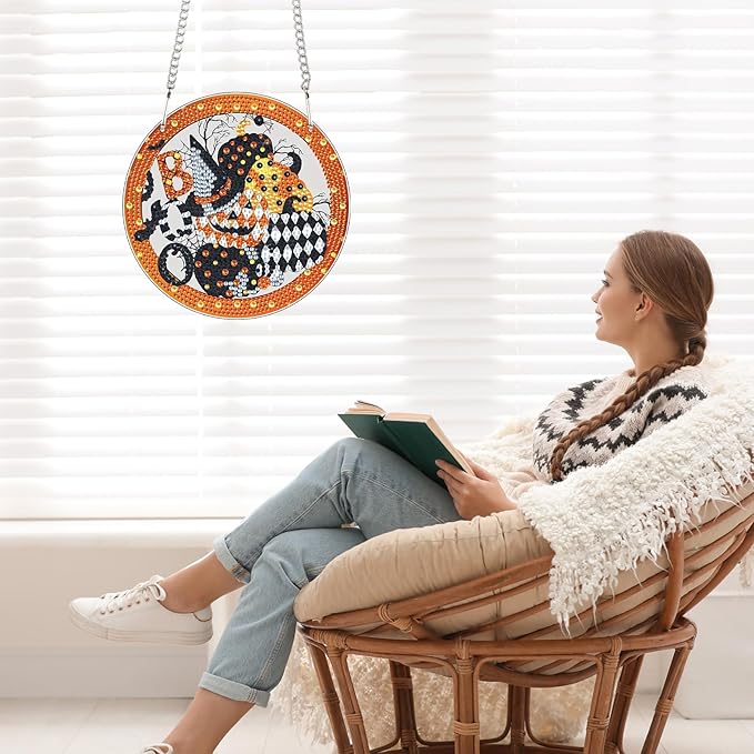 5D DIY Halloween Diamond Painting Hanging Ornament, Acrylic Rhinestone Pendant Craft with Ghost, Pumpkin, Bat & Witch Hat, Diamond Art Window Suncatchers for Home Wall & Door Holiday Decoration