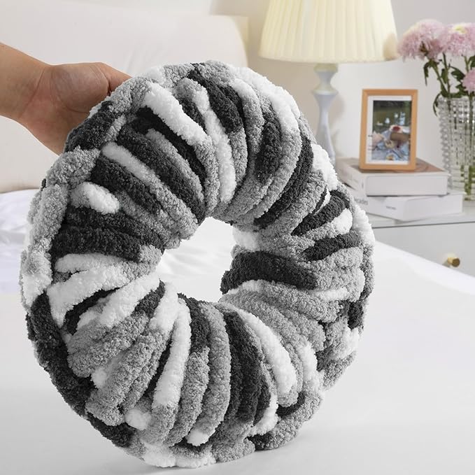 HOMBYS Chunky Tie Dye Mix Chenille Yarn for Hand Knitting, Super Bulky Jumbo Yarn for Crocheting, 3/4" Thick Soft Plush Yarn for Blankets, 8 Skein Pack (26 yds / 7.5 oz Each) Black White Grey