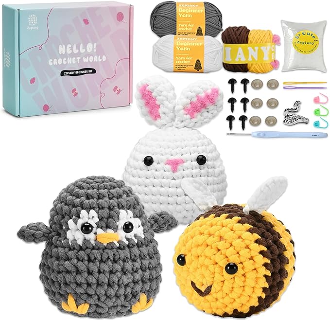 Zepiany Crochet Kit for Beginners with Beginner Yarn, Amigurumi Crochet Kits for Starters Knitting Kit, Beginner Crochet Animals for Adults with Step-by-Step Video Guides for Crochet Gifts