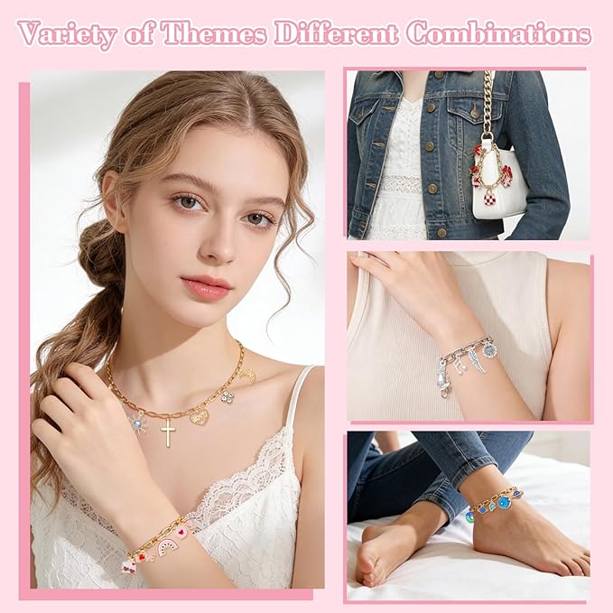 Riwiuue 590 Pieces Charm Bracelet Making Kit - Includes Gold Paperclip Chain Bracelet, Charms, Jump Rings & Tools, Ideal for DIY Jewelry Making, Beginner, Teen and Adult Gifts