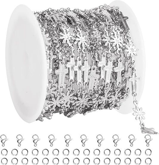 GTVOODX Stainless Steel Chain Bulk 4 Meters Thick Chunky Cross Flower Link Chain Roll for Permanent Jewelry Making Necklace Bracelet DIY