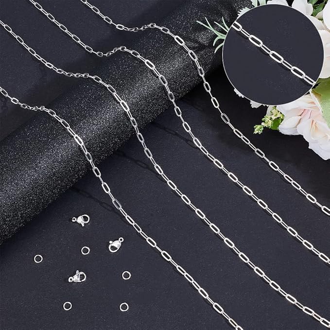 Beebeecraft 1 Roll 16.4 Feet/5m Paperclip Chain for Jewelry Making 925 Sterling Silver Plated Brass Cable Chain with 10Pcs Lobster Clasp 50Pcs Open Jump Ring for Necklace Bracelet Making Kits DIY