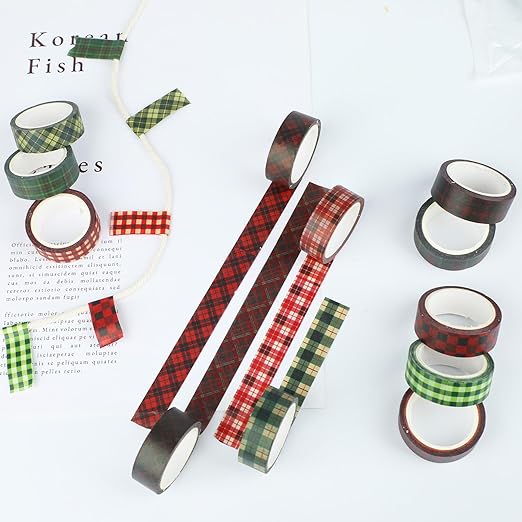 12 Rolls Basic Grid Washi Tape, Buffalo Plaid Red Black Green Holiday Masking Tapes, Plaid Decorative Tapes for Arts, DIY Crafts, Journals, Planners, Scrapbook, Wrapping 16.4FT