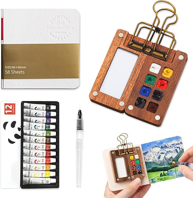 Mini Watercolor Paint Set Travel Watercolor Set Pocket Artist Watercolor Travel Set with Watercolor Palette,Watercolor Brushes, 12 Colors, Watercolor Sketchbook for Artists Painters Students(Wood)