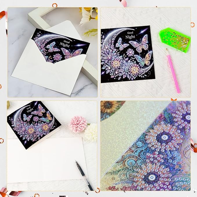 6 Pack 5D DIY Diamond Painting Moon Butterfly Greeting Card Kit, Diamond Art Christmas Birthday Holiday Greeting Card, Art Crafts Kit Creative Gift with Envelope