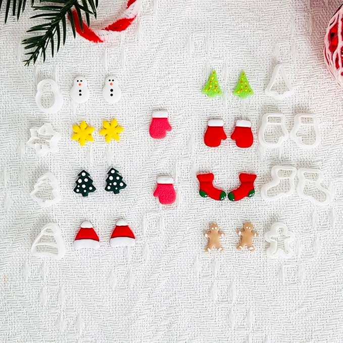 Xaekicr Christmas Polymer Clay Cutters Set – 10 Pcs Clay Earring Cutters for Holiday Crafts, Snowman Gingerbread Tree Mittens – Polymer Clay Molds and Tools for Jewelry Making