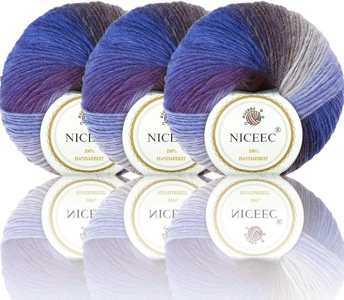 NICEEC 3 Skeins 100% Wool Rainbow Yarn Soft Gradient, Self-Striping, Colorful Single Ply Yarn for Crochet & Knitting - 2#