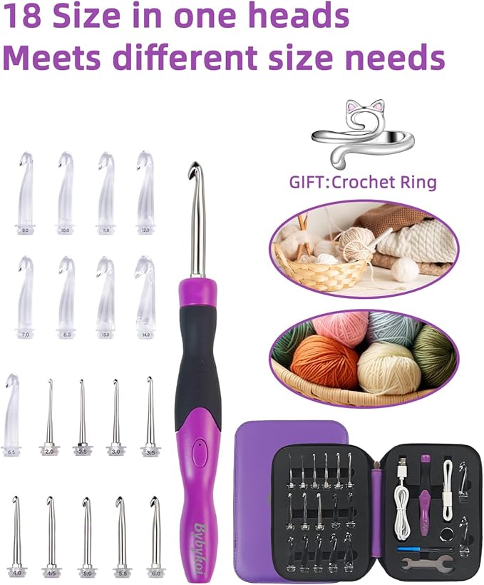 18 Sizes Lighted Crochet Hooks Set 2.0mm~14.0mm, Rechargeable Crochet Hook with Interchangeable Crochet Head, Light Up Crochet Hooks Set with 2 Levels Led for Beginner Knitting Kit Gifts