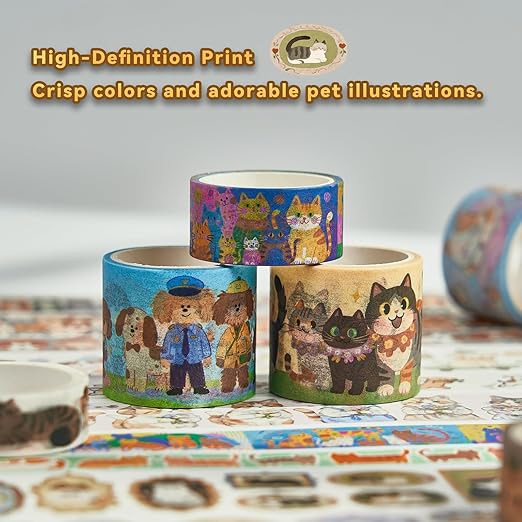Cat Dog Washi Tape Set 20 Rolls, Cute Decorative Masking Tape for Junk Journal and Scrapbooking, DIY Crafting Supplies