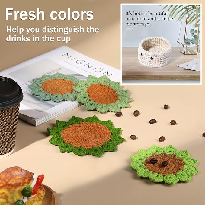 Hssugi Crochet Kit for Beginners - 6PCS Crochet Coasters in a Plant Pot Crochet Start Kit, Complete Beginner Crochet Kit with Hooks, Yarn, Clear Video Tutorials for Adult Beginners