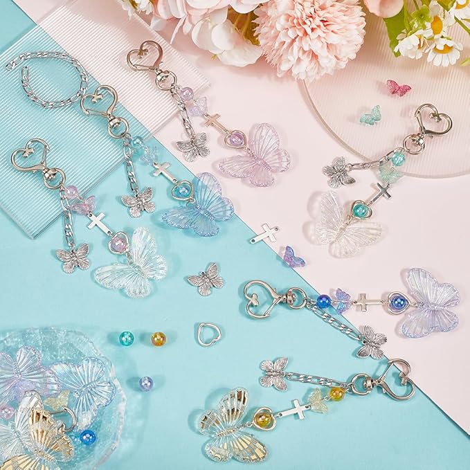 SUNNYCLUE 128Pcs Butterfly Keychain Making Kit Butterflies Beads Colorful Butterfly Bead Heart Butterfly Charms Acrylic Glass Spacer Beads for Keychains Making Women Adults DIY Crafts Supplies