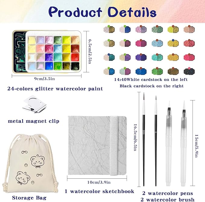 Mini Watercolor Paint Set - 24 Colors Glitter Travel Watercolor Set, Portable Metallic Water Color Paints Palette Box with Watercolor Book,Clips,Pens,Storage Bag for Painting Lovers and Artists