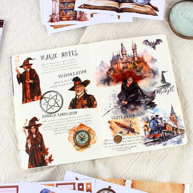 The Secrets of Wizards Sticker Book for Journaling Collage, 20 Sheets Precut Transparent PET Washi Matte Paper Materials Stickers for Scrapbooking, Junk Journal Supplies, Planner