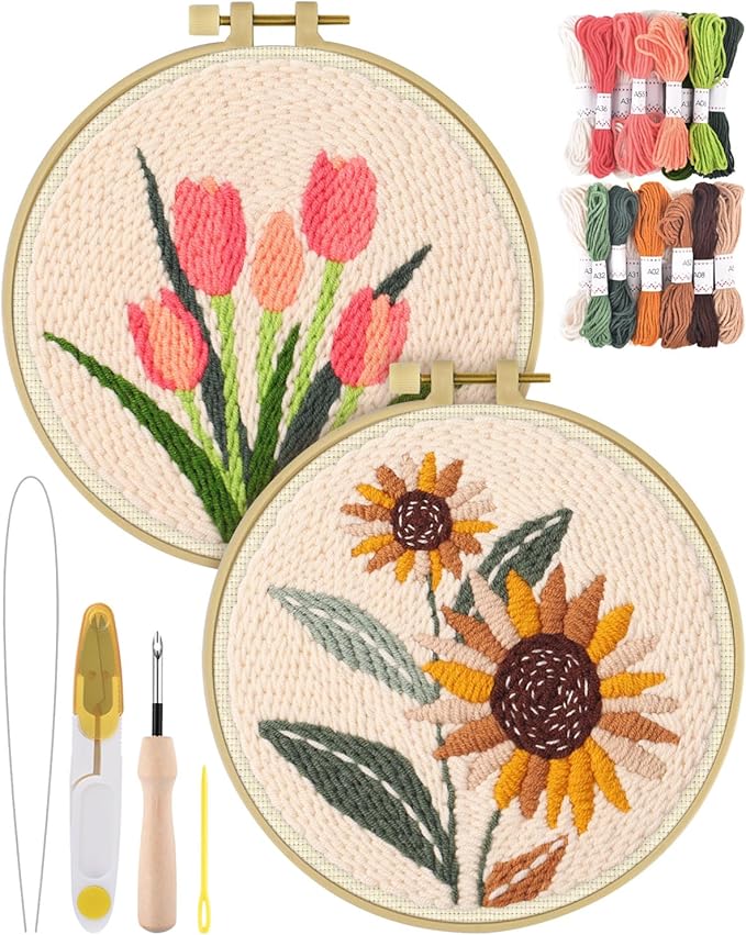 ERKOON Punch Needle Kit Adults Beginners, 2 Pcs DIY Easy Flower Embroidery Set for Starter Art Craft, Needling Punching Project with Patterns, Tools, Yarns, Hoop, Instruction (Sunflowers & Tulips)