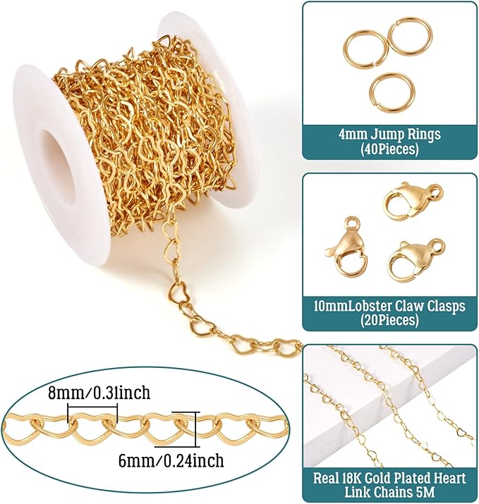 Sparkeads 5M Real 18K Gold Plated Golden Chain for Jewelry Making,Brass Heart Link Chains,Golden Link Necklaces for Women,Cable Chain with Lobster Claw Clasps for Bracelet DIY Jewelry Kits,6x8x0.5mm