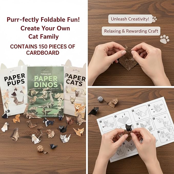 150 Sheets Origami Paper Kit, 3D Cat Dog Dinosaur Animals Paper Folding Craft Set - DIY Creative Art Activity for Adults & Adolescents, Educational Toys, Desk Decor Gift for Animal Lovers