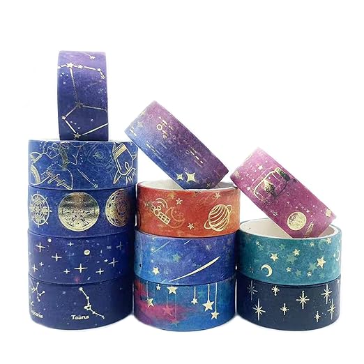 Galaxy Purple Washi Tape - Gold Foil Washi Masking Tape with Constalation, Blue Sky, Moon, Star, Celestial, Perfect for Bullet Journal, DIY Crafts