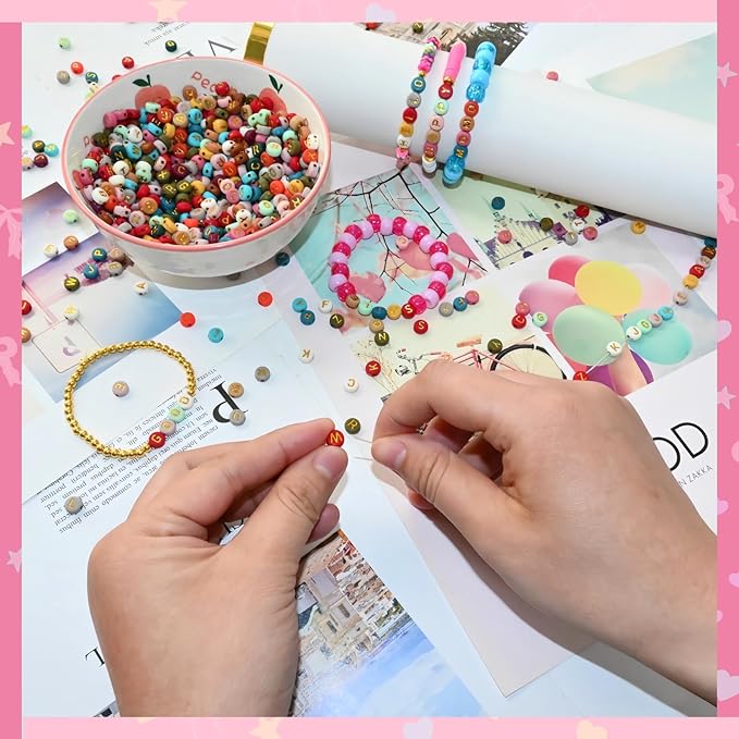 Amaney 1000pcs 4x7mm Round Letter Beads Colorful Acrylic with Gold Letter Alphabet for Jewelry Making