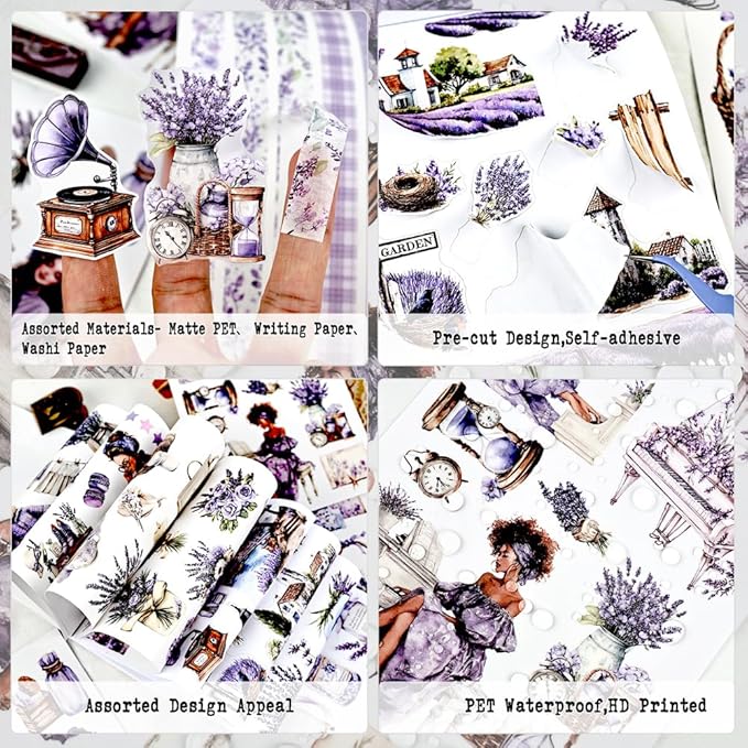Song of Lavender Scrapbook Stickers for Women, 20 Sheets A5 Die-Cut Journaling Sticker Book for Adutls, Junk Journal Supplies, Planners, Bujo, Assorted PET Washi Paper Materials