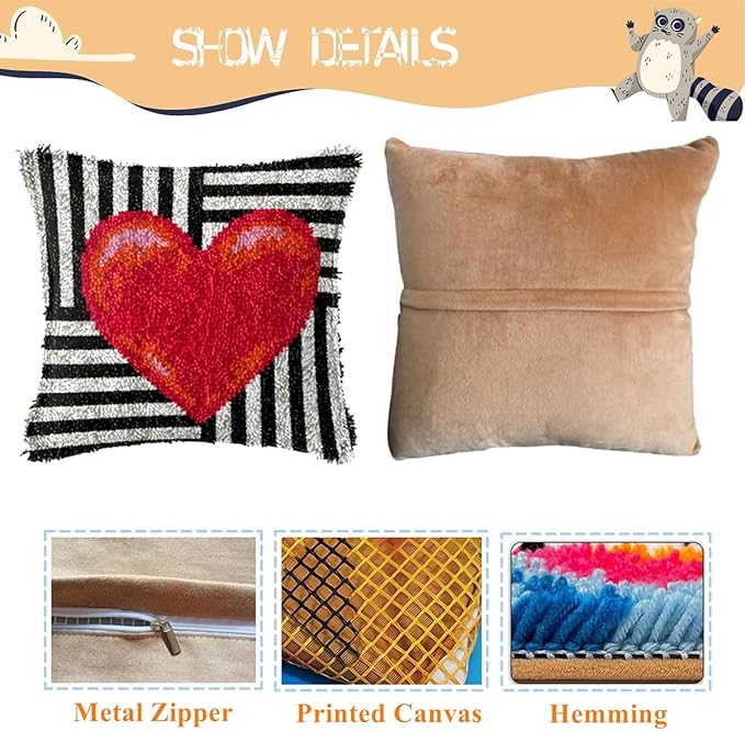 EMISTEM Latch Hook Kits for Adults - Latch Hook Pillow Kits, Crochet Yarn Kit for Beginners, DIY Needlework Crafts Cover Case with Printed Canvas, Gift Packaging. (Red Love,17x17 inch)