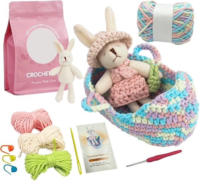 Lmrbelec Crochet Kit for Beginners, Crochet Animals Kit for Kids Adults, Rabbit Cradle Knitting Kit with Soft Yarn, Crochet Hook & Step-by-Step Video Tutorials, Crafts & Gift for Teen Girls