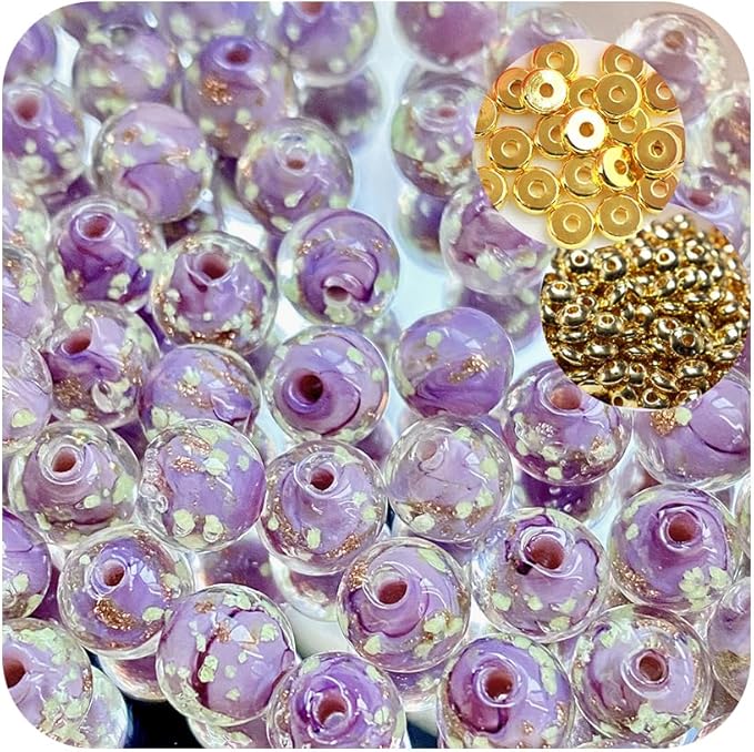 8mm 200pcs Glow in The Dark Glass Beads with Holes for Jewelry Making Bracelets Earrings Necklace Bulk Lampwork Solar Unique DIY Crafts Gold Spacer Beads Kit(100pcs Beads+100pcs Spacer)