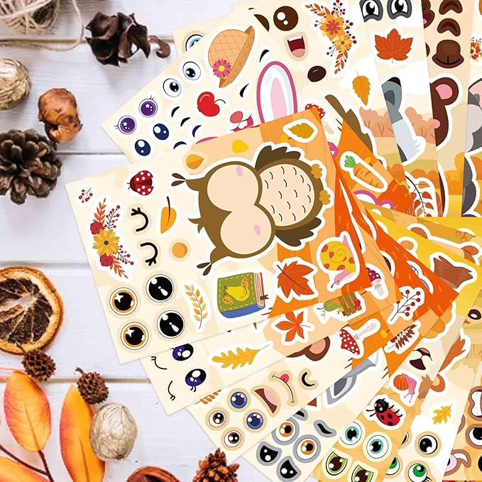 24 sheets fall stickers, make-a-face sticker, fall animal stickers for kids make your own animal mix and match sticker sheets kids party favor supplies craft