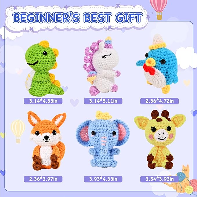 Wunila 6Pcs Crochet Kit for Beginners, DIY Craft for Adults, Great Gifts for Crochet Lovers, Crocheting Animals Kits with Step by Step Videos,Yarn,Crochet Hook,Birthday Gift, Holiday Gift